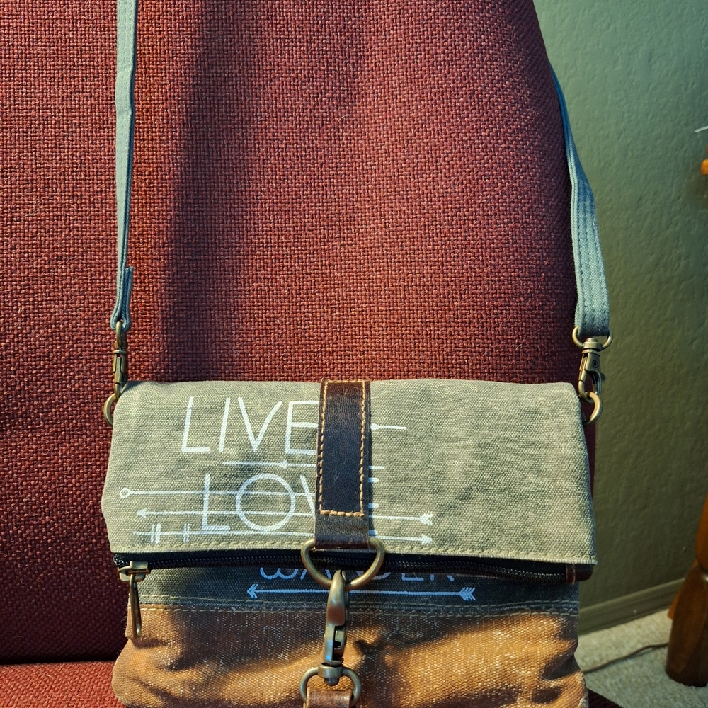 Mona B Live Love Canvas Crossbody Bag - Brown and Olive